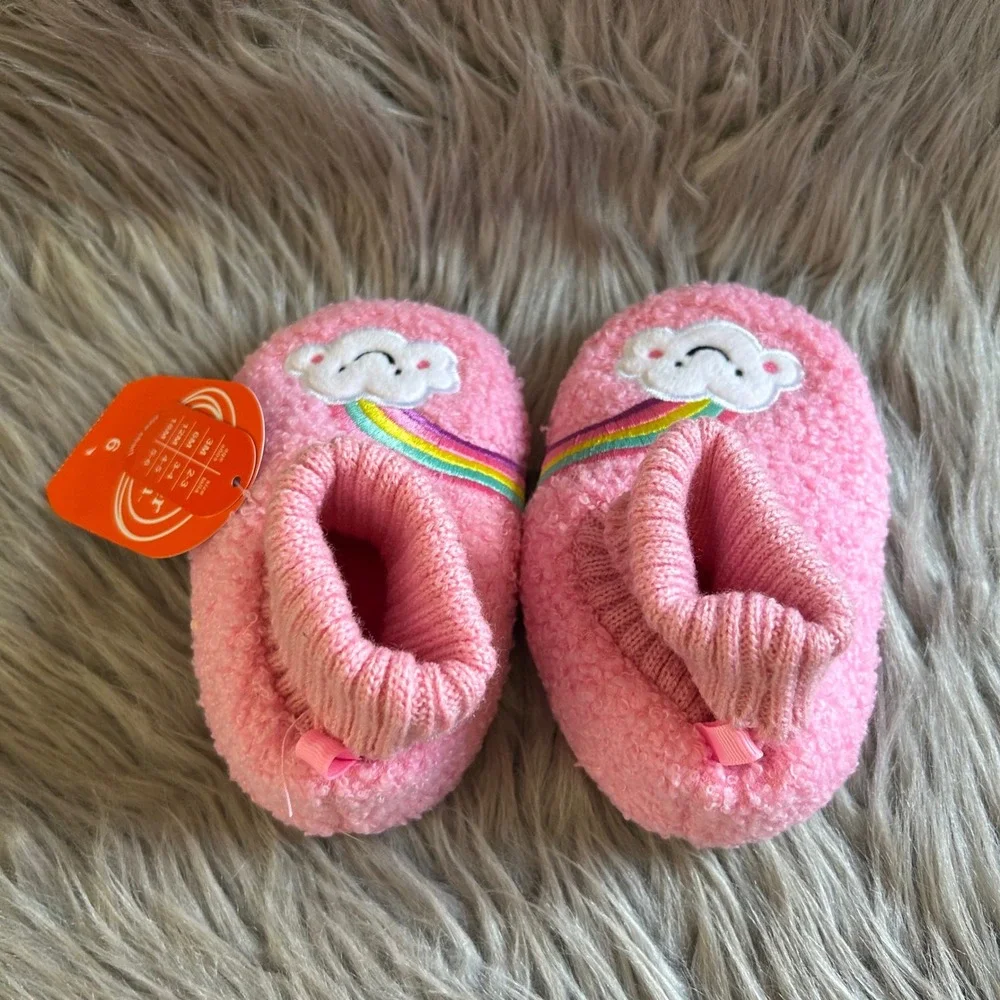 Wonder Nation Slippers Baby Girls Size 6 Pink Fuzzy Rainbow Shoes 18 Months NEW